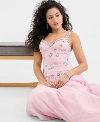 Juniors' Sweetheart-Neck Embellished Mesh Gown 