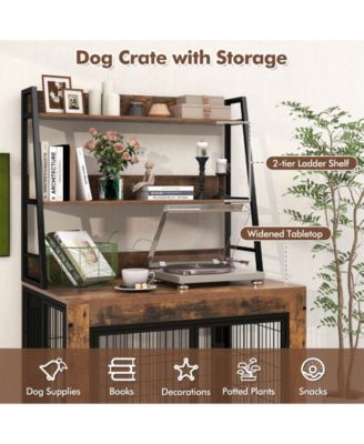 Industrial Dog Kennel Dog Crate Furniture with Storage Shelves-Rustic Brown