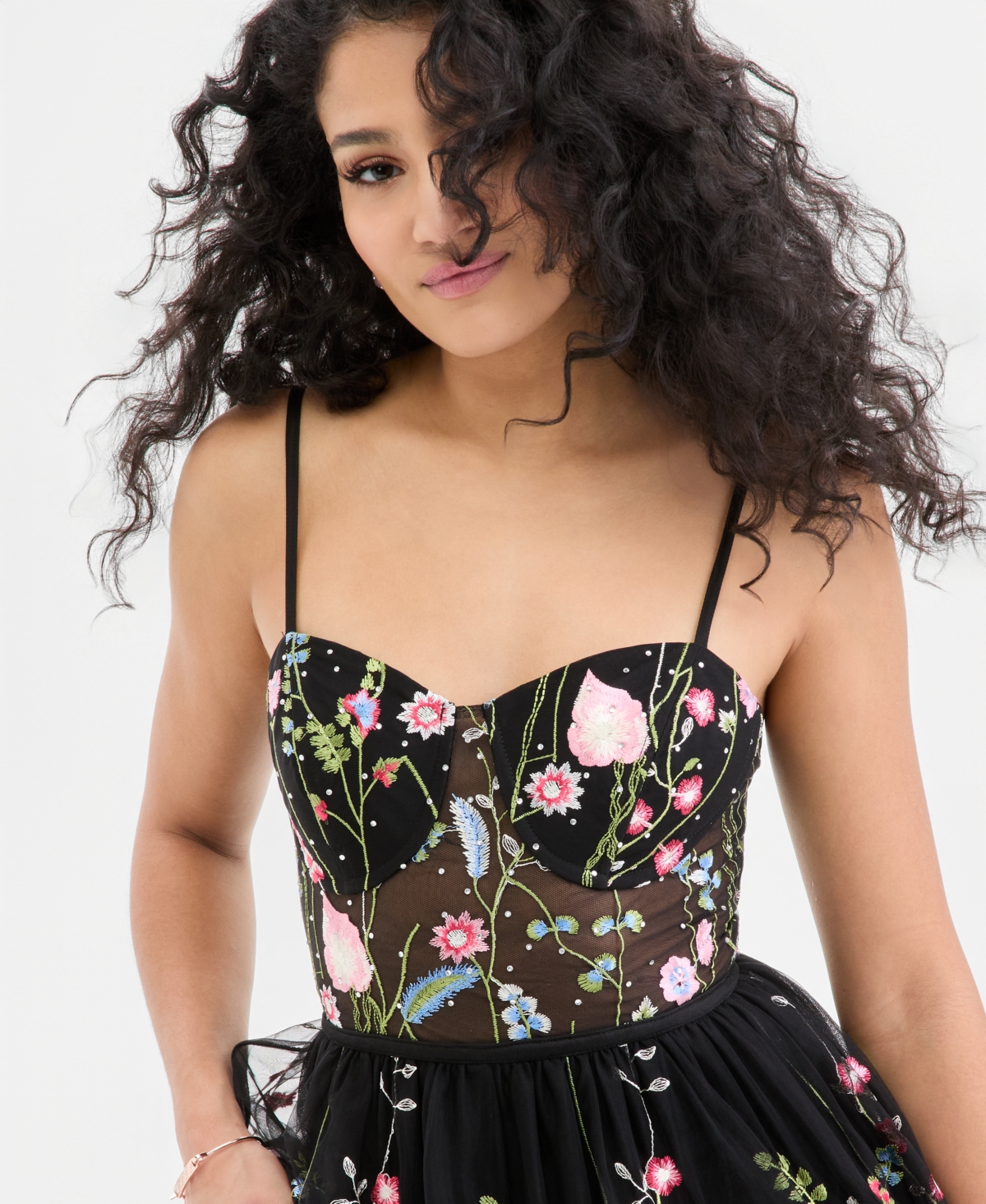 City Studios Juniors' Floral Embroidered Mesh Gown, Created for Macy's