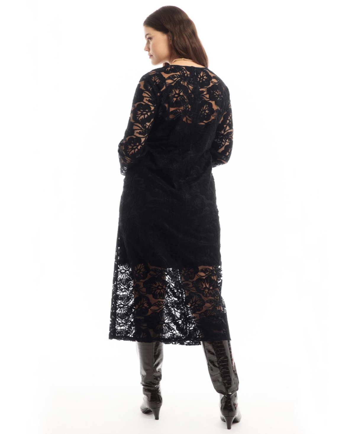 June & Vie Women's Plus Lined Lace Column Midi Dress