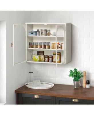 27.56" Two-Door Wall Cabinet with Glass Doors and Three-Tier Storage Featuring Woven Pattern for Living Spaces