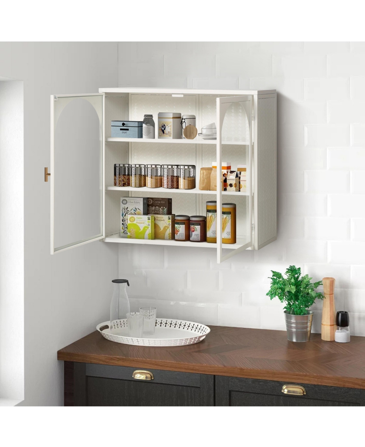 sumyeg 27.56" Two-Door Wall Cabinet with Glass Doors and Three-Tier Storage Featuring Woven Pattern for Living Spaces