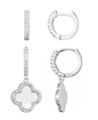 Gold CZ Halo Clover Huggie Earrings Set