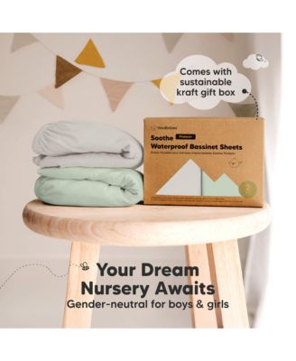 2pk Soothe Waterproof Bassinet Sheets for Girls, Boys, 33x17 Universal Baby Bassinet Mattress Protector Cover
