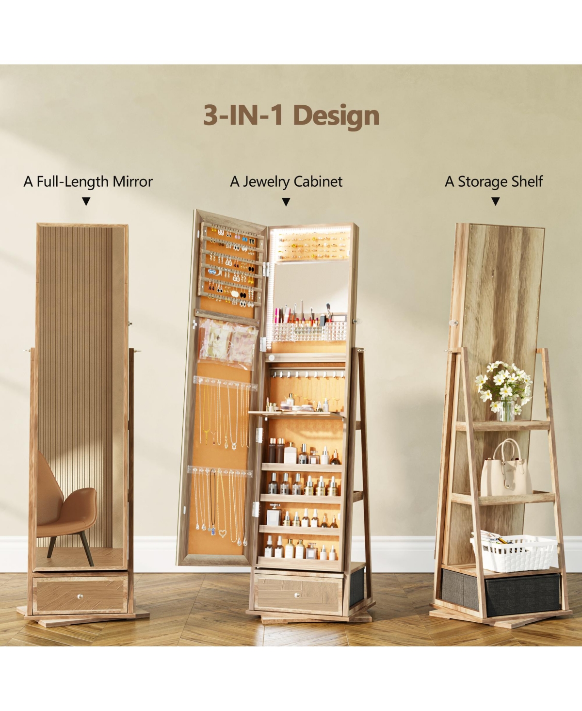 Vlsrka Jewelry freestanding storage mirror cabinet with shelves, built-in lights, and rotating feature.
