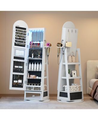 360&deg; Rotating Jewelry Cabinet with LED Lighting & Lockable Full-Length Mirror