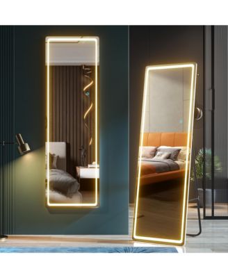 LED Full-Length Mirror with Stand, Suitable for Outfit Checks.