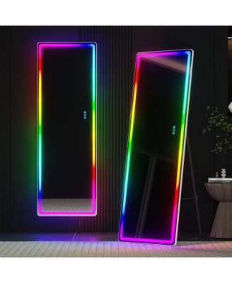 Wall-mounted or freestanding rectangular full-length mirror with adjustable RGB lighting.