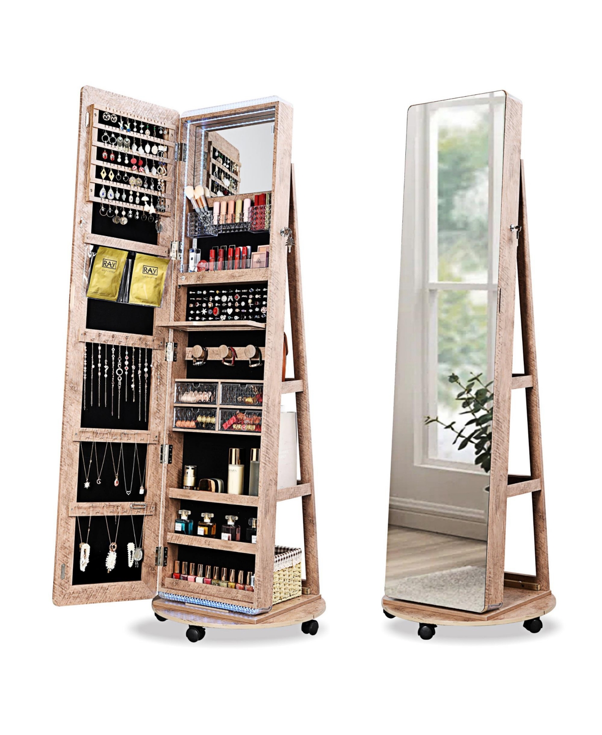 Vlsrka A 360° swivel standing jewelry mirror cabinet with storage shelves, full-length mirror, and Led lights.