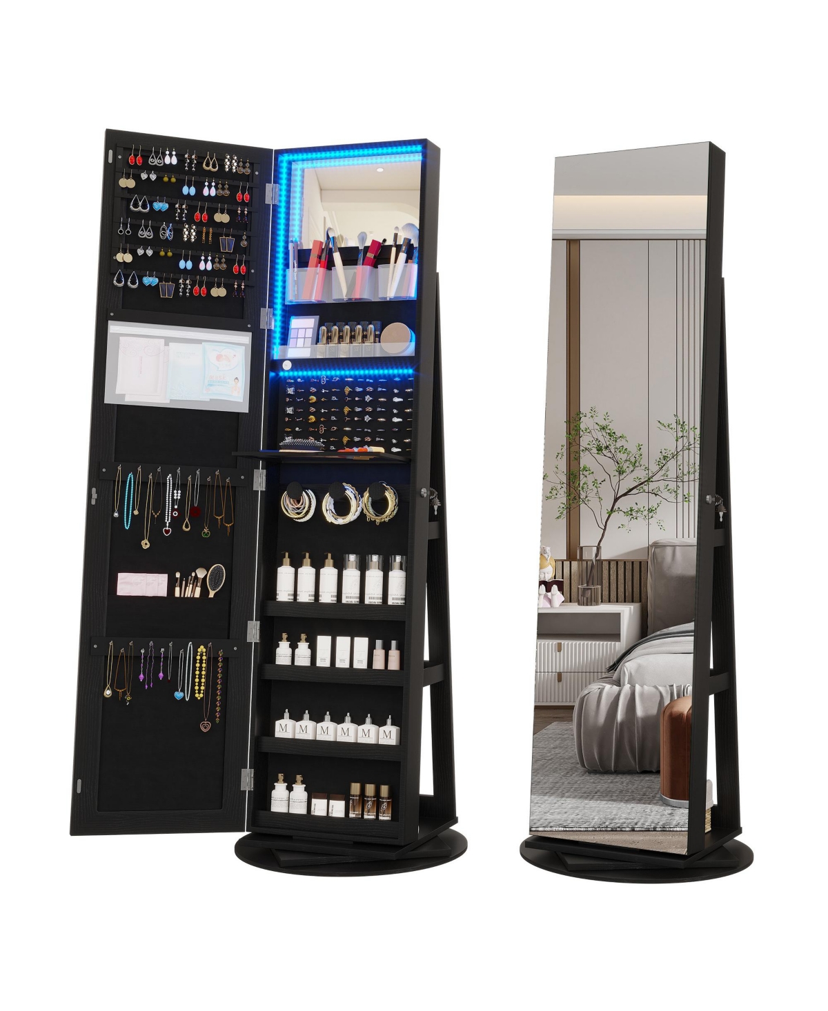 Vlsrka 360° Swivel Jewelry Full-Length Mirror Cabinet with Lights