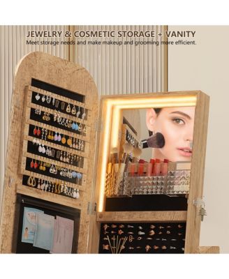 Arched LED Jewelry Armoire with Mirror and Drawers