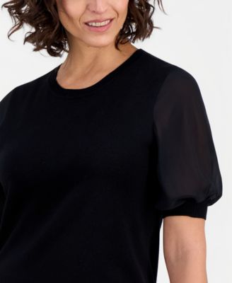 Petite Puffed-Sleeve Mixed-Media Top