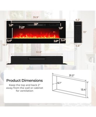 36 Inches Electric Fireplace Heater Recessed with LED Strip Lights and Remote Control