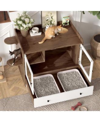Cat Litter Box Cabinet with Drawer and Stairs Brown White