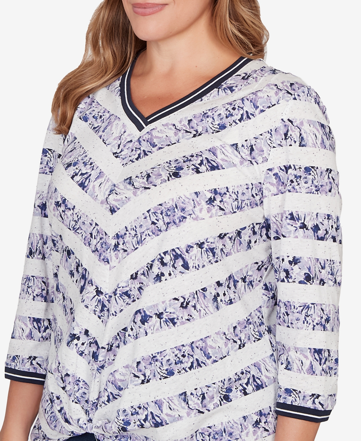 Ruby Rd. Plus Size Floral Stripe Twist Front Knit Top In White