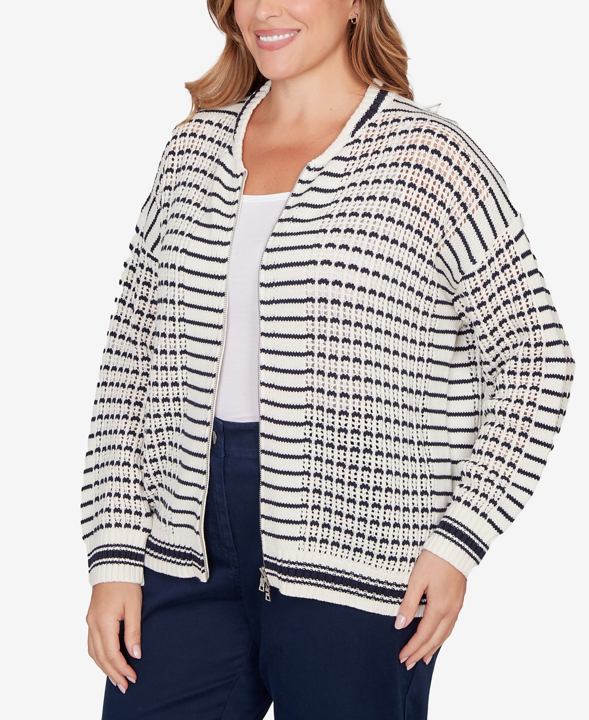 Ruby Rd. Plus Size Mesh Stitch Zip Sweater Jacket In White