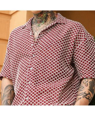 Men's Crimson Red Geometric-Crochet Cuban Oversized Shirt
