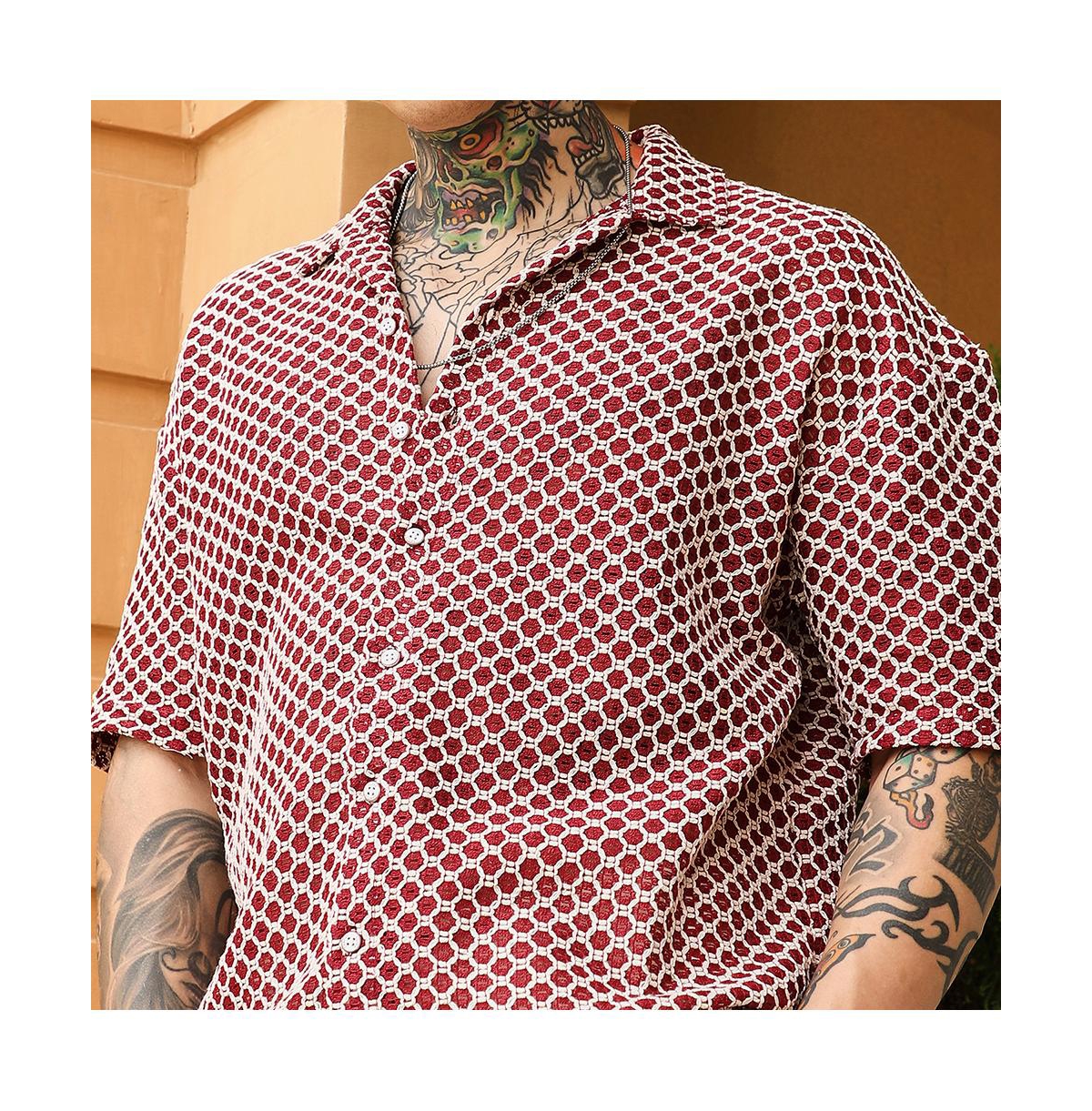 Campus Sutra Men's Crimson Red Geometric-Crochet Cuban Oversized Shirt