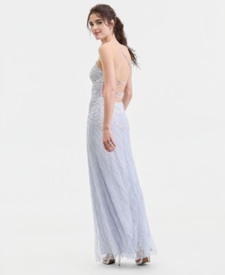 Juniors' Beaded-Mesh Evening Gown
