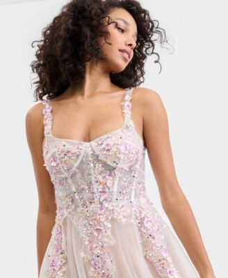 Juniors' 3D-Floral Illusion-Bodice Gown