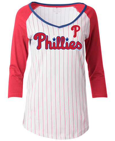 5th & Ocean Women's Philadelphia Phillies Pinstripe Glitter Raglan T-Shirt