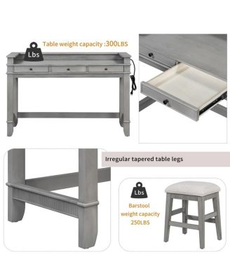 4-Piece Counter Height Dining Set with 3 Upholstered Stools, Storage Drawers & USB Charging for Small Spaces