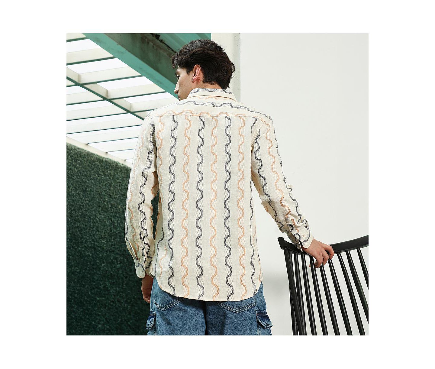 Мужская рубашка Cahoot Campus Sutra Off White Zigzag Pattern Full Sleeve Cotton Blend, цвет: Белый — фото 6