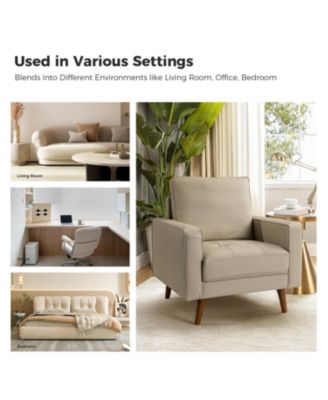 Mid-century Modern Elizabeth Genuine Leather Armchair with Wood Flared Legs