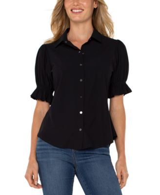 Women's Elbow Puff Sleeve Snap Front Collar Top