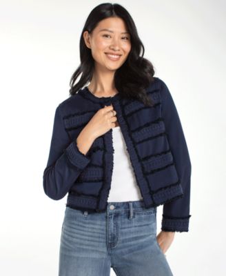 Women's Collarless Jacket with Fray and Lace Detail