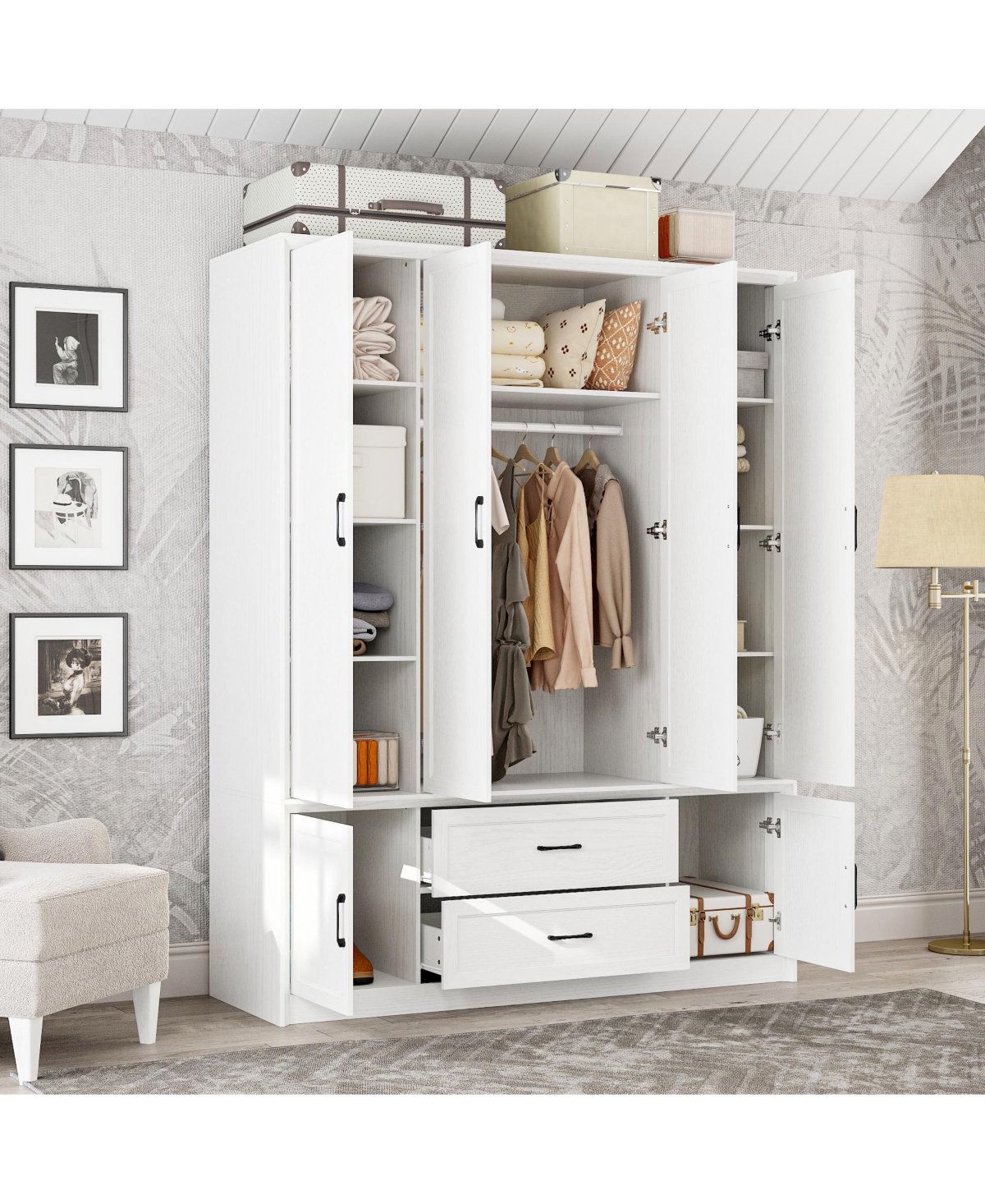 Homsee 6-Doors Big Armoires Wardrobe with Hanging Rods, 2-Drawers, Metal handles,Bedroom Closet