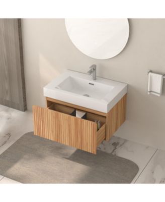 30" Bathroom Vanity – Wall-Mount Floating Cabinet, Acacia Plywood Finish, Integrated Sink & Basin