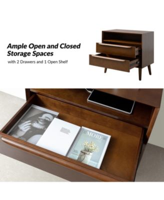 Kay Mid-century Modern 2 - Drawer End Table with  Built-In Outlets