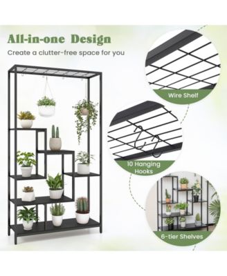 6-Tier Tall Plant Stand 71 Inch Metal Indoor Plant Shelf with 10 Hanging Hooks-Black