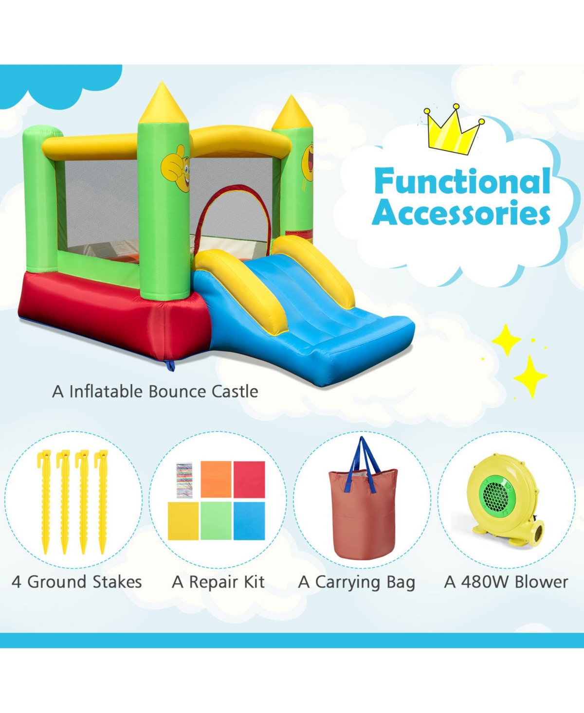Skonyon Inflatable Bounce House Kids Blow-up Bouncer with Slide with 480W Blower