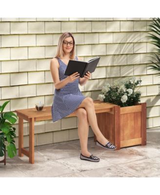 Teak Oil Finish Raised Garden Bed Wood Planter Box with Bench