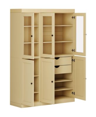 100% Solid Wood Pantry Cabinet, Shaker & Clear Glass Doors, 2 Drawers, Adjustable Shelves, 48.5" Wide, 71.5" Tall