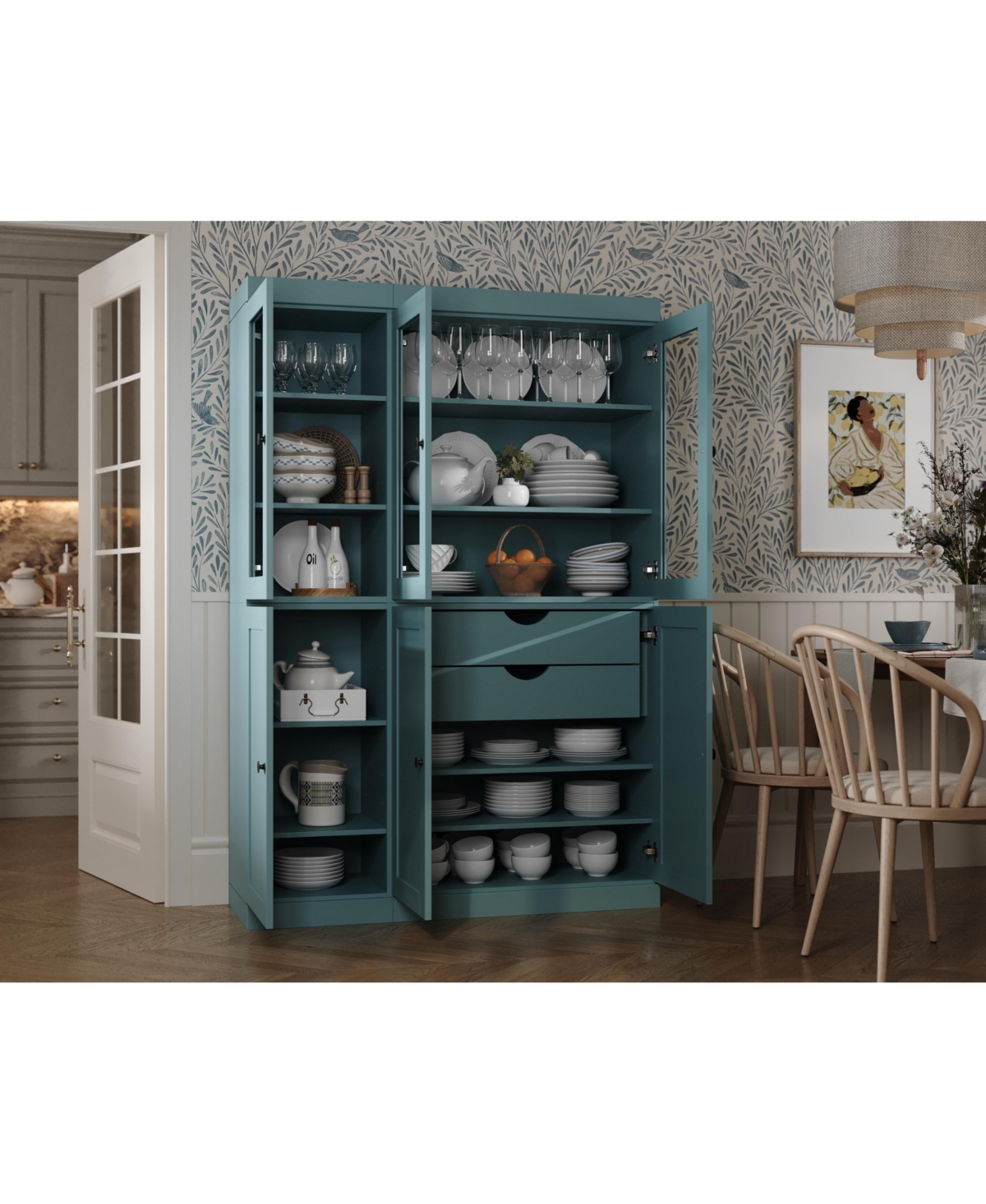 Palace Imports 100% Solid Wood 48.5" Pantry Cabinet with Clear Glass, Shaker Doors, 2-Drawers & Adjustable Shelves