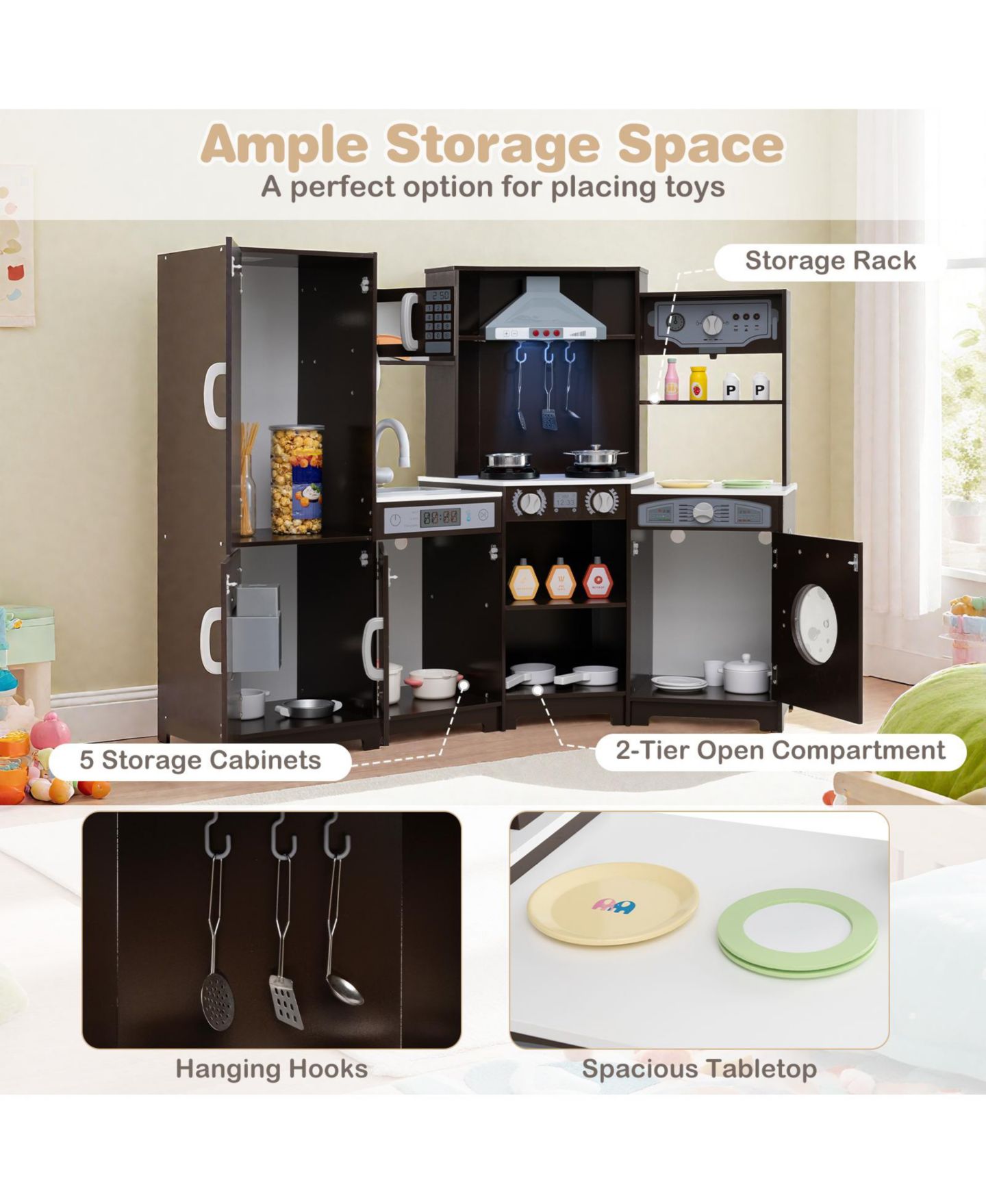 Детские игрушки SKONYON Wooden Corner Multi-Piece Play Kitchen Set with Lights and Sounds, Ages 3+, цвет: Коричневый — фото 4