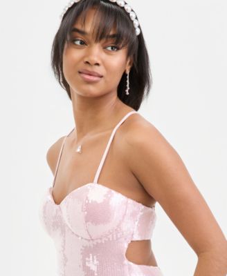 Juniors' Sequin Sweetheart Open-Back Gown