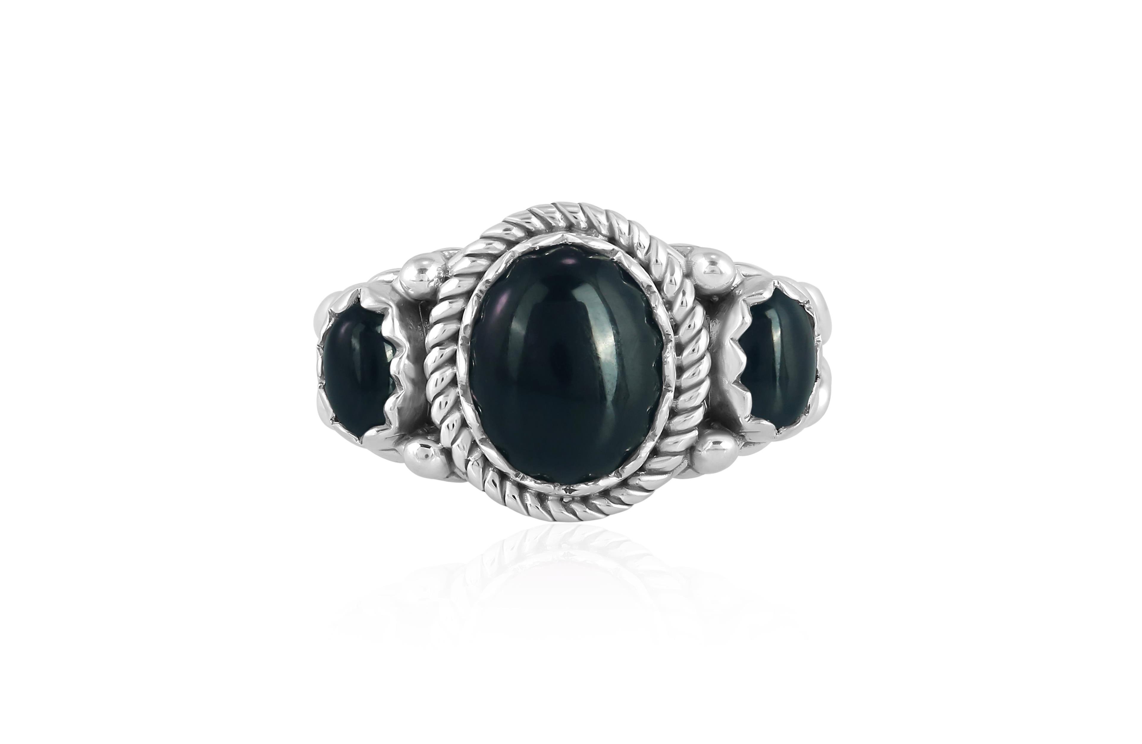 American West Jewelry Sterling Silver Black Agate 3-Stone Ring, Sizes 5 to 11