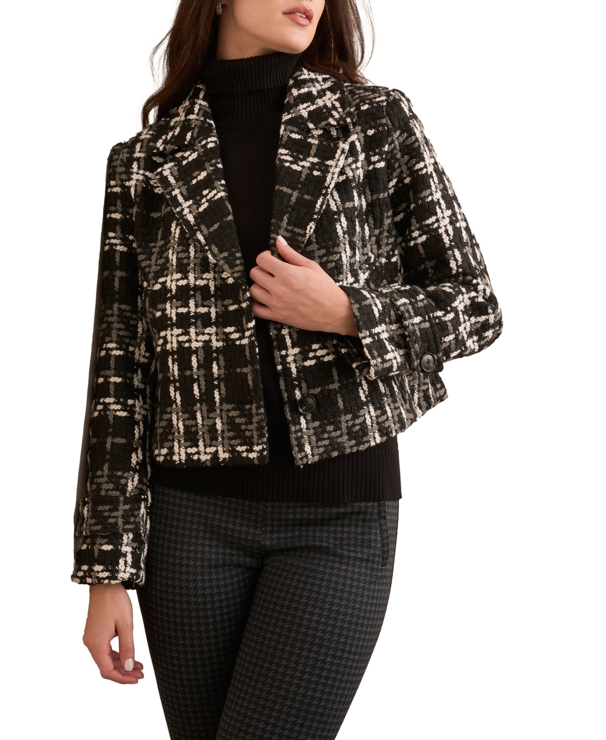 Tribal Women's Chunky Plaid Boucle Button-Front Blazer