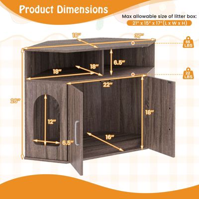 3-Tier Modern Corner Cat Litter Box Enclosure w/ Storage Shelves Double Doors