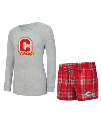 Women's 2-Piece Heather Gray/Red Kansas City Chiefs Regulate Plaid Long-Sleeve T-Shirt and Shorts Sleep Set