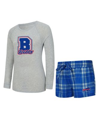 Concepts Sport - Women's Heather Gray/Royal Buffalo Bills Regulate Plaid Long-Sleeve T-Shirt Shorts Sleep Set
