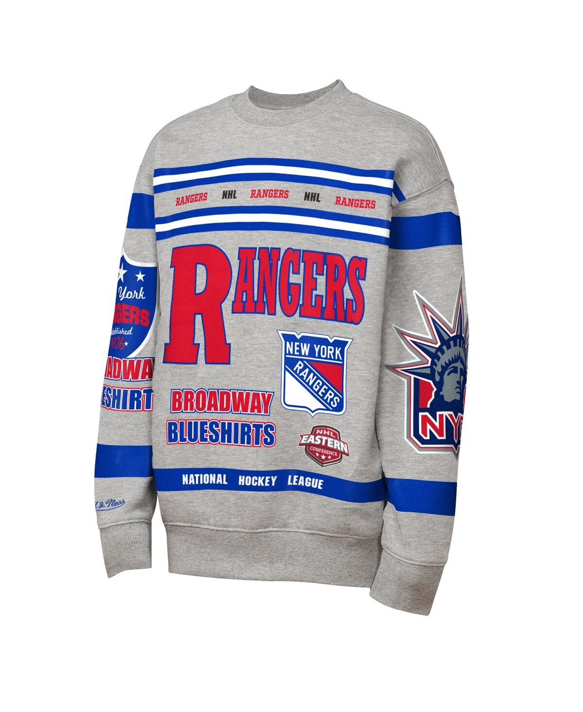 Mitchell & Ness Big Boys and Girls Heather Gray New York Rangers Allover Print Fleece Crewneck Sweatshirt