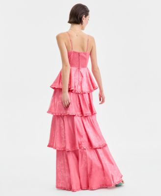 Juniors' Sweetheart-Neck Tiered Slit-Front Gown