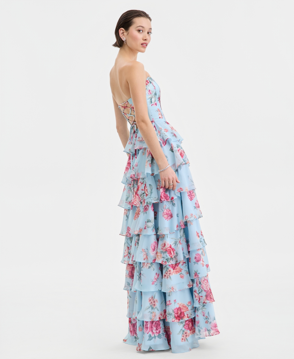 B Darlin Juniors' Corset-Bodice Ruffled Gown