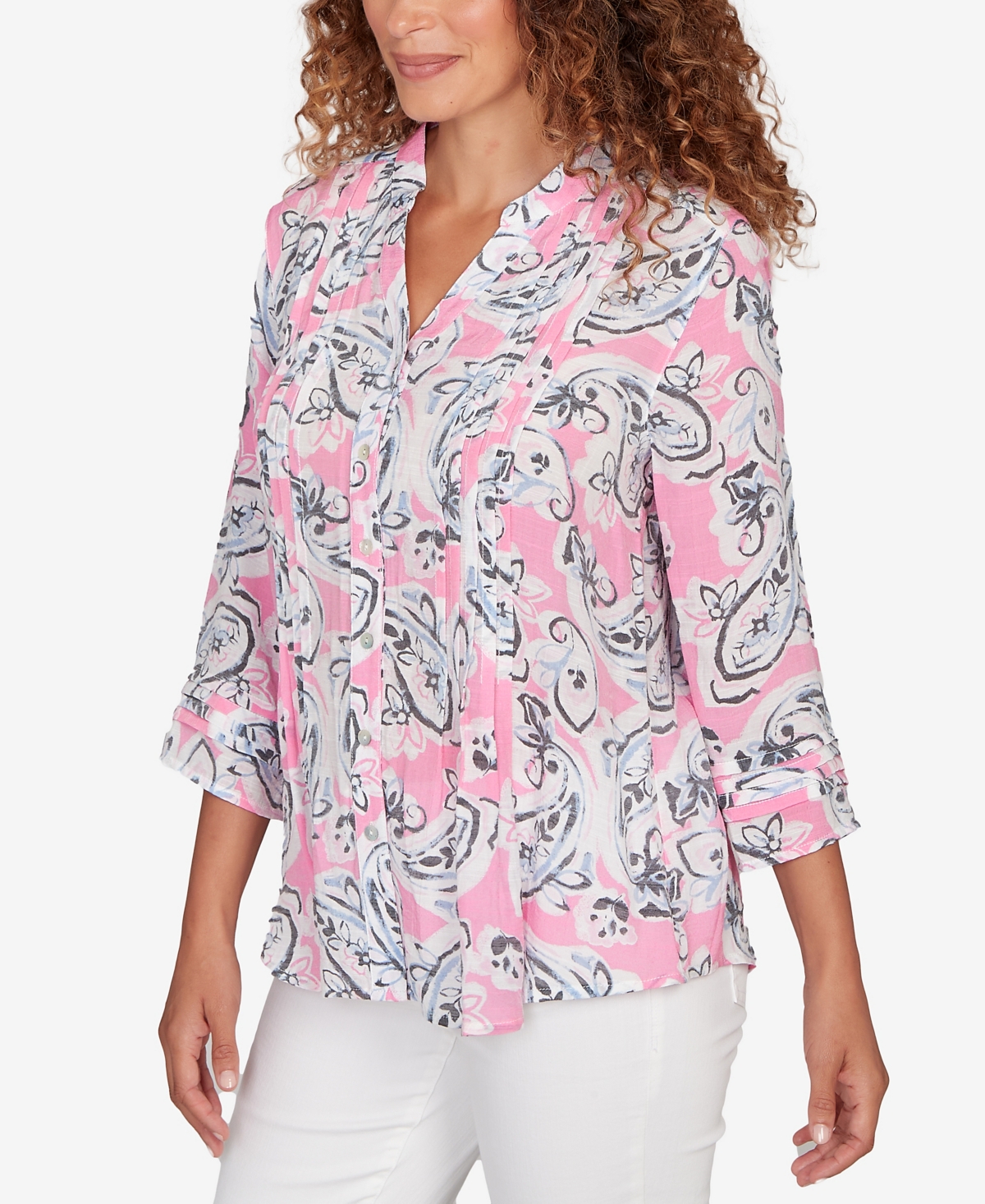 Ruby Rd. Petite Paisley Silky Gauze Button Front Top In Multi