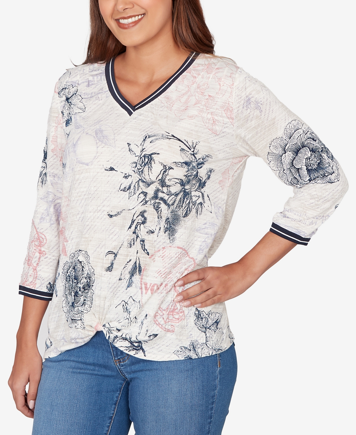 Ruby Rd. Petite Botanical Stamp Knit Twist Front Top In Multi